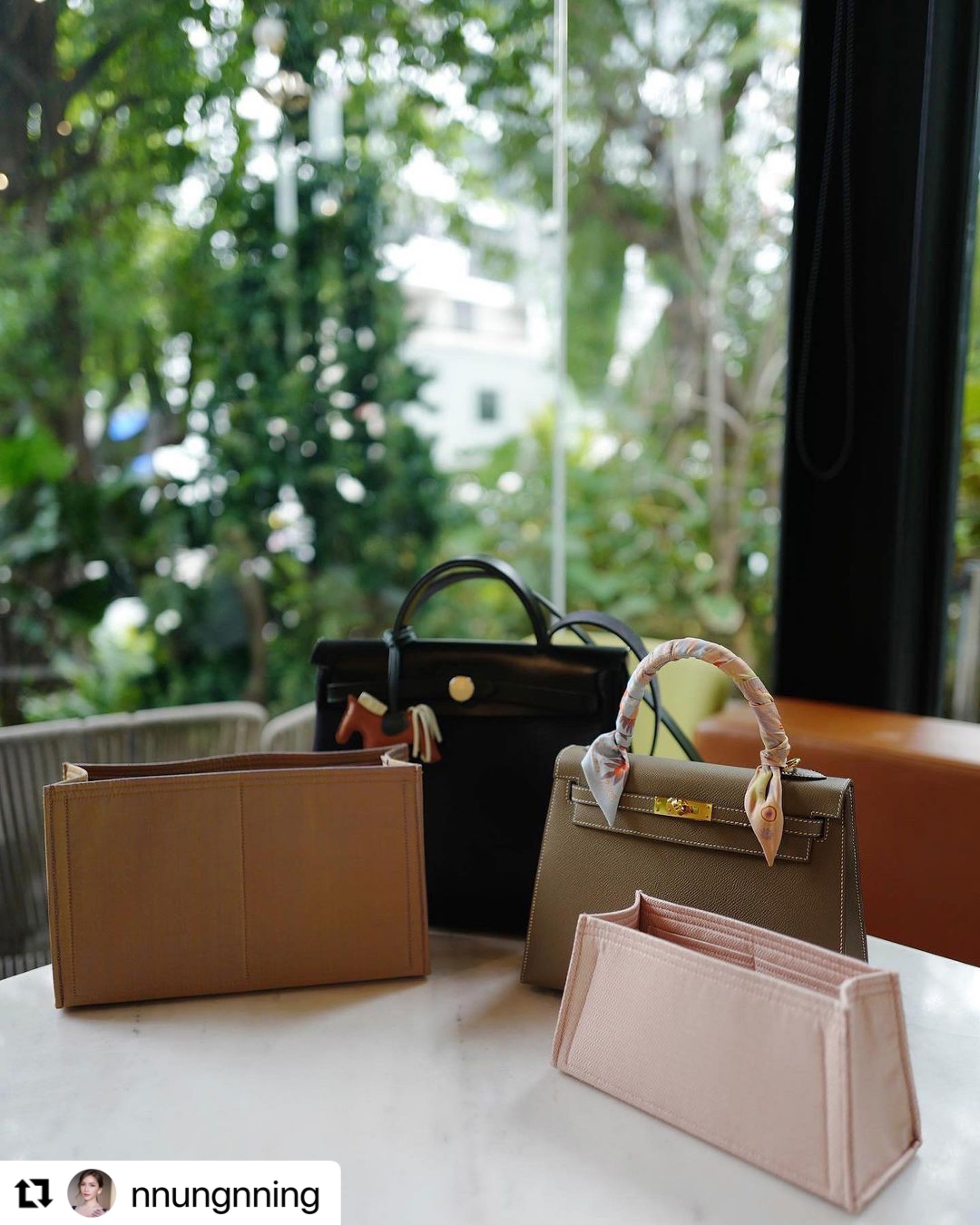 Merandi Luxury bag insert for HerbagMERANDI bag insert is the perfect blend of luxury and functionality. Crafted with Thai premium silk, this practical luxury bag organizer/insert keeps all your belongings organized in your beloved Hermès, Loro Piana, The