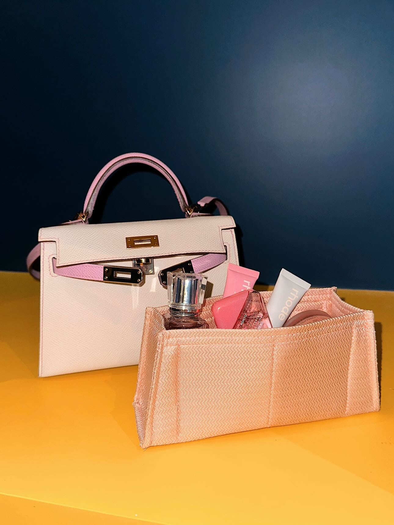 Bag insert for Hermes Mini Kelly 20 Silk bag organizer for luxury handbags. Hermes, The Row, Chanel, Loro Piana, LV, Dior