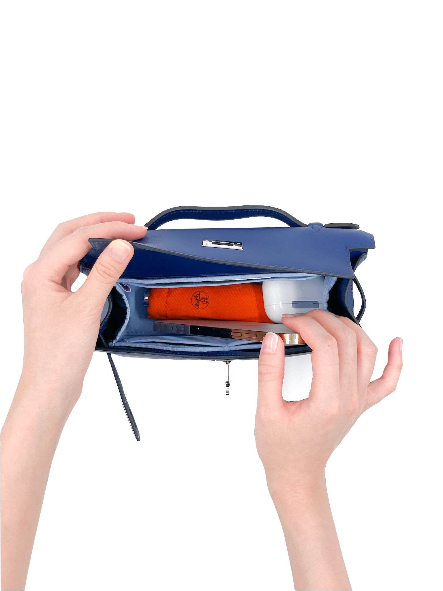 Mini Kelly, Kelly Pochette, Hermes Silk bag organizer for luxury handbags. Hermes, The Row, Chanel, Loro Piana, LV, Dior