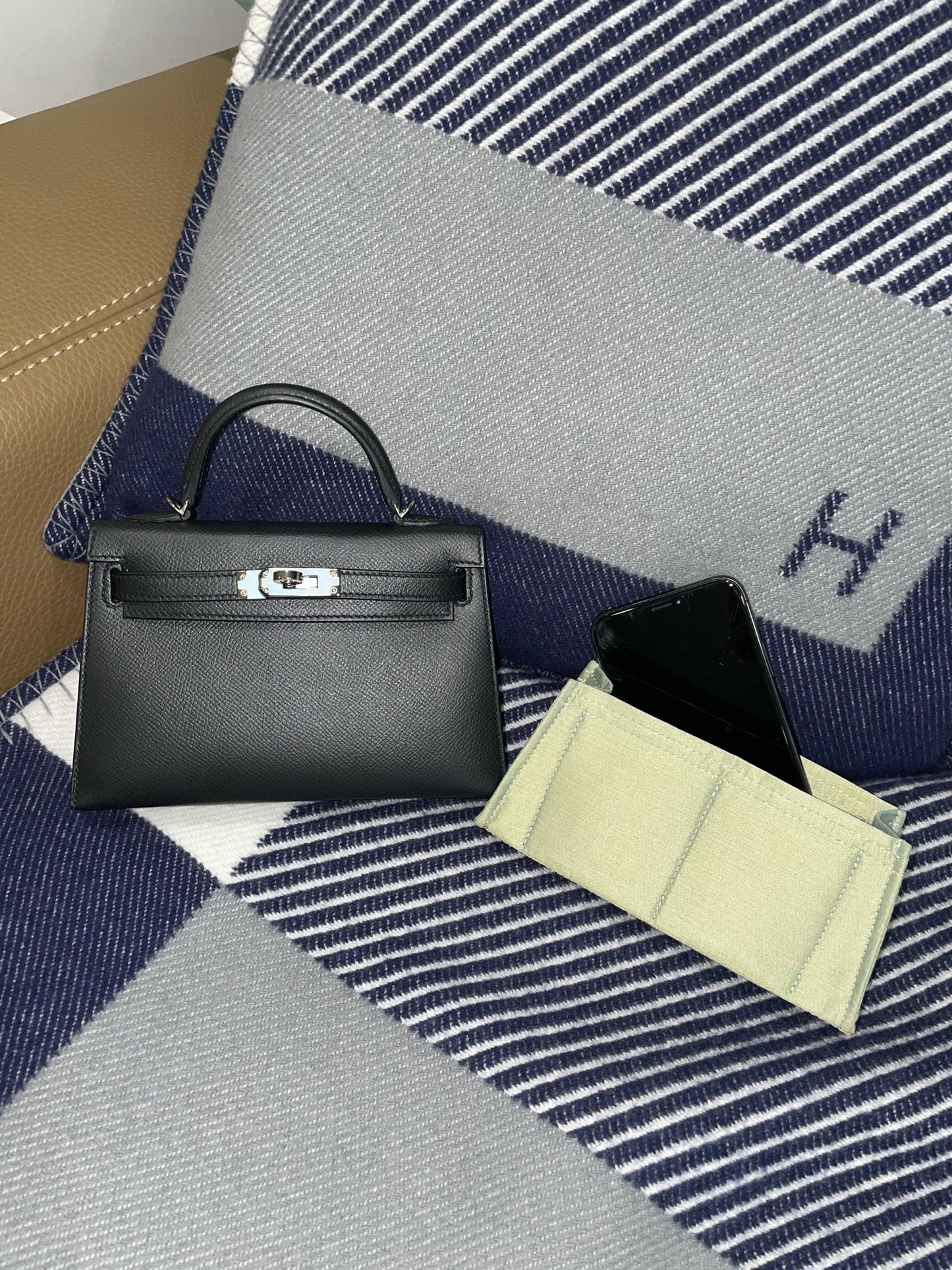 Bag insert for Hermes Mini Kelly 20 Silk bag organizer for luxury handbags. Hermes, The Row, Chanel, Loro Piana, LV, Dior